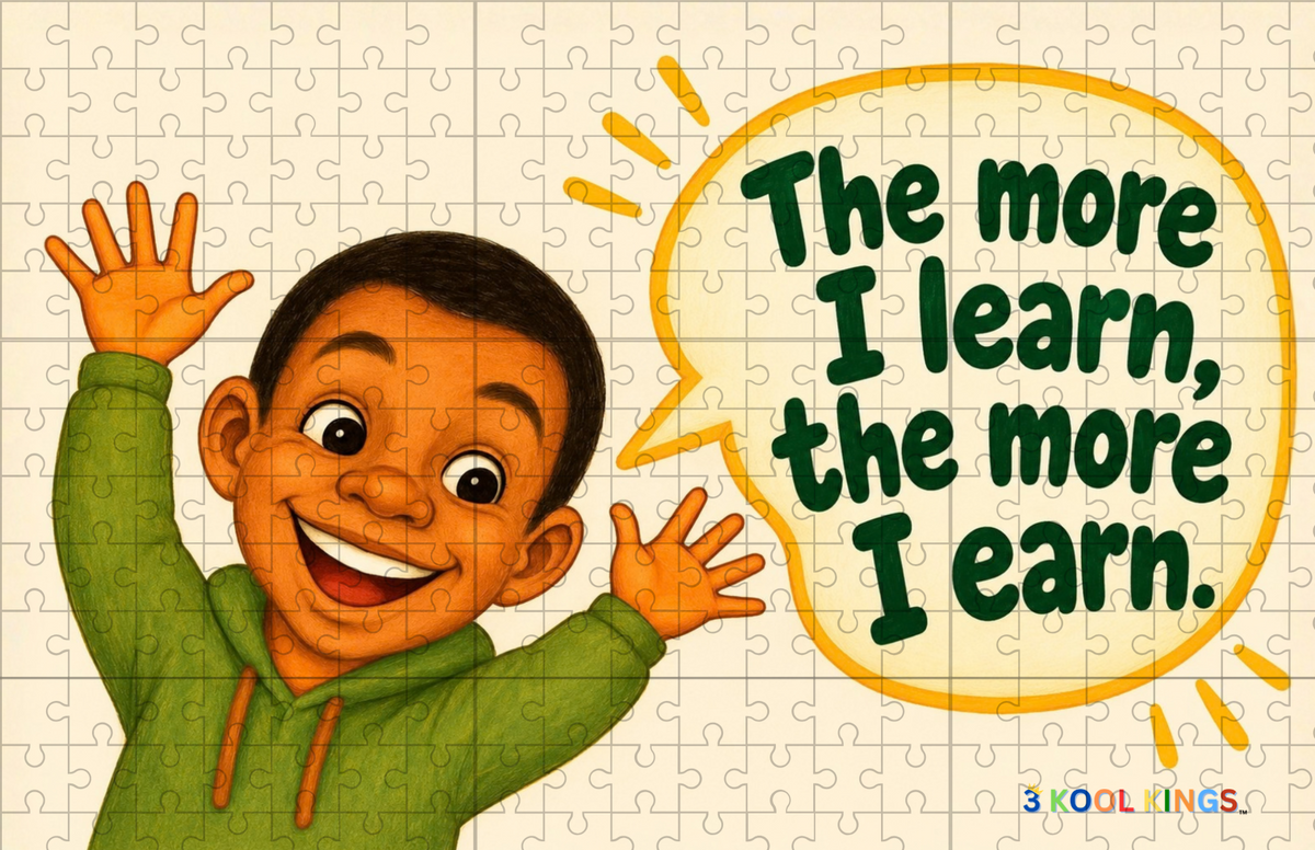 3 Kool Kings financial literacy puzzle featuring a smiling boy and the message The more I learn, the more I earn.