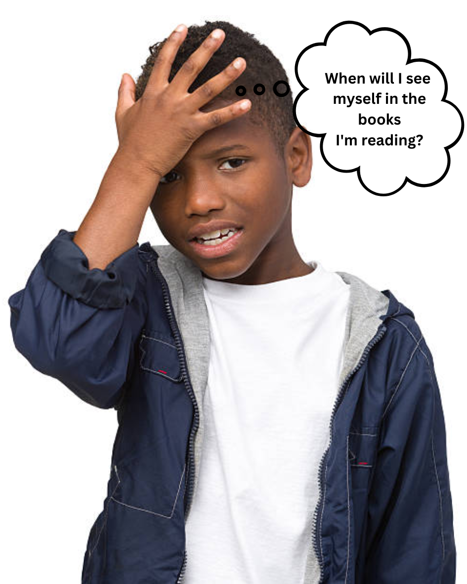 Boy showing confusion over lack of black Children's books. 