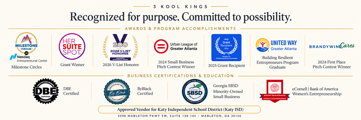 3 Kool Kings awards, program accomplishments, and business certifications. Details are listed below.
