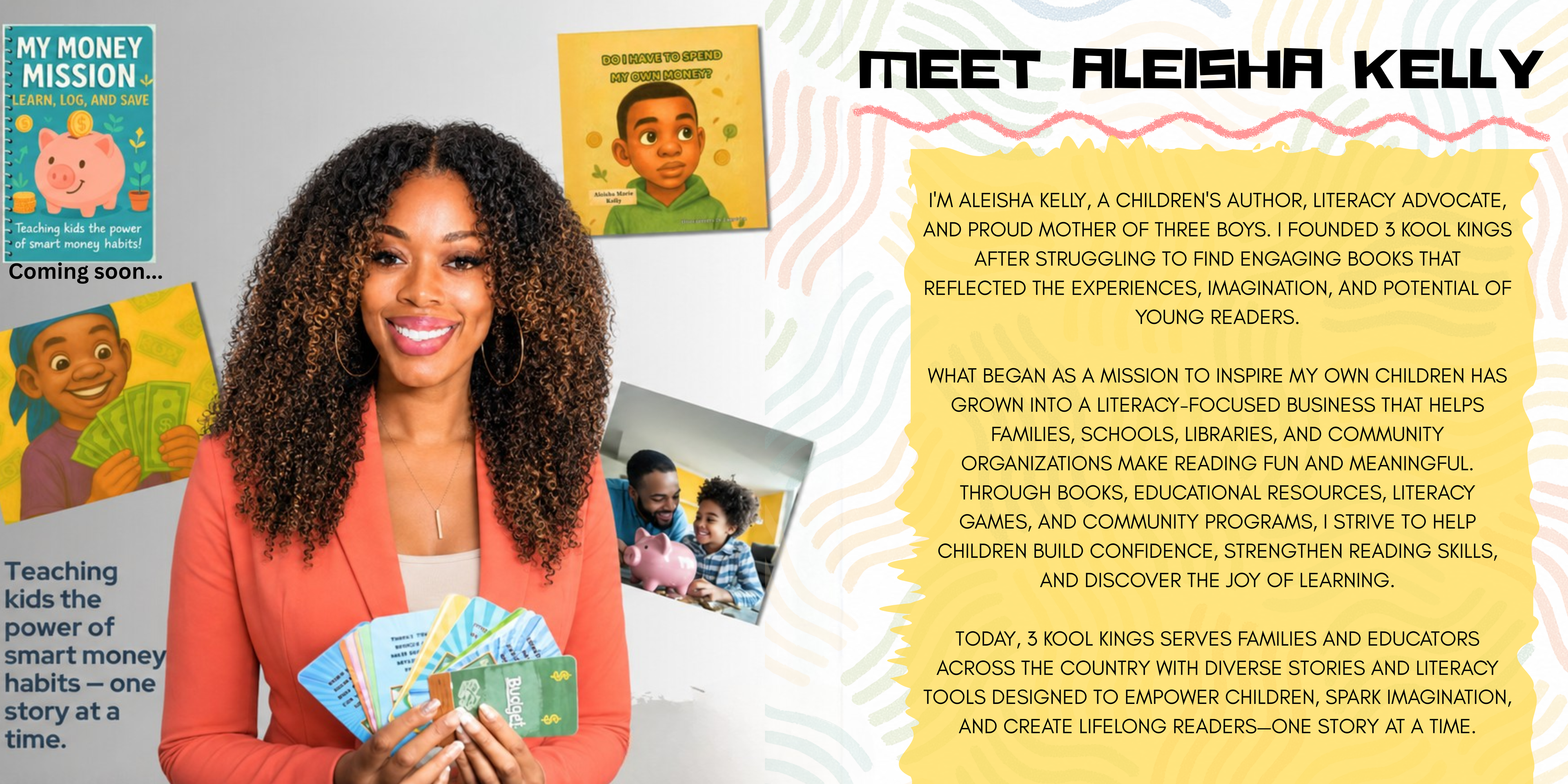 A promotional graphic for author Aleisha Kelly, featuring a smiling woman holding children's books on the left and a large text panel on the right that reads 'MEET ALEISHA KELLY' with her bio. The design includes pastel decorative lines and a yellow text box.