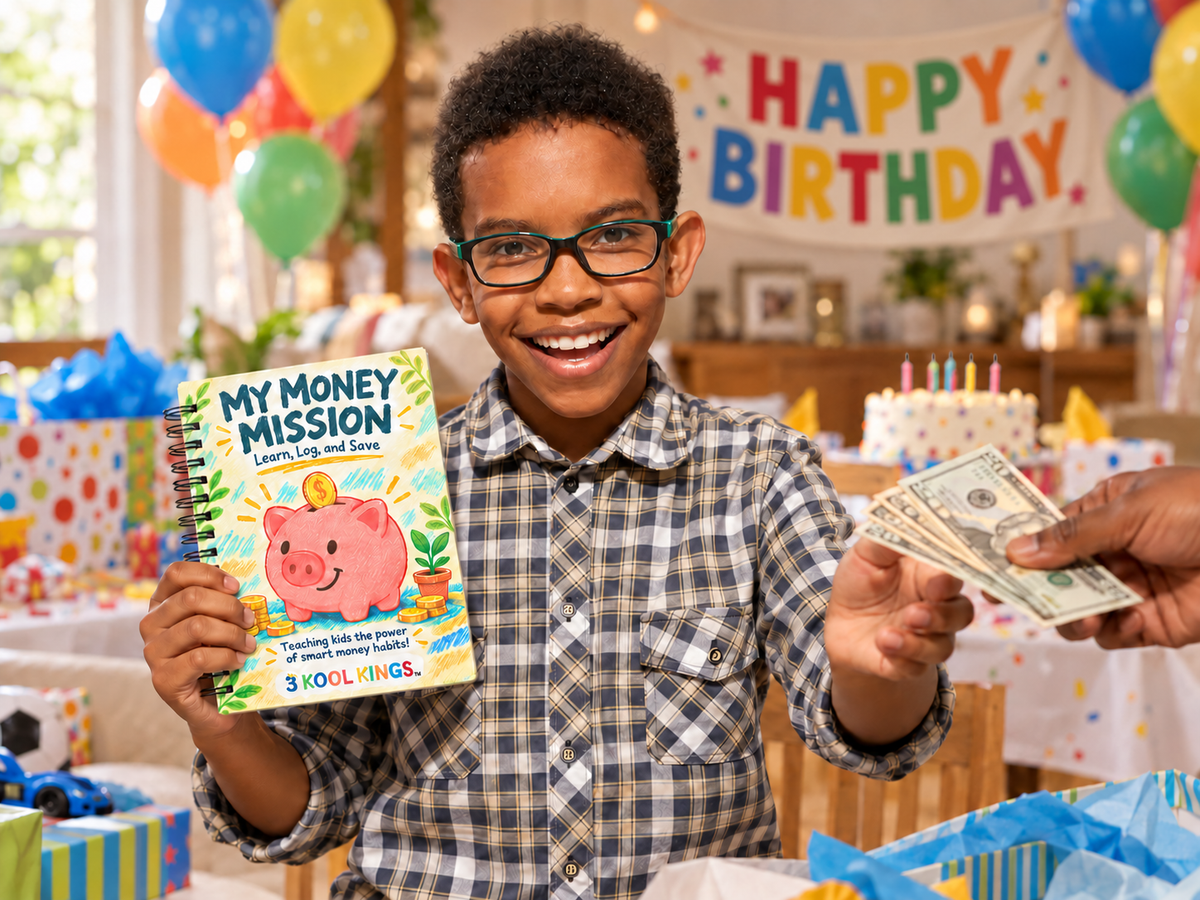 Birthday scene with a boy holding My Money Mission, receiving birthday money, correctly spelled Happy Birthday banner and unlit candles