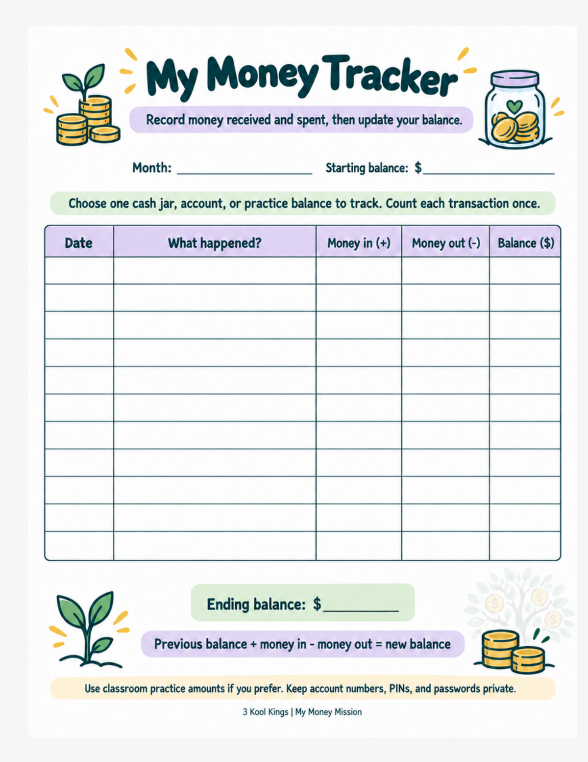 My Money Tracker worksheet for recording money received, spent, and balance