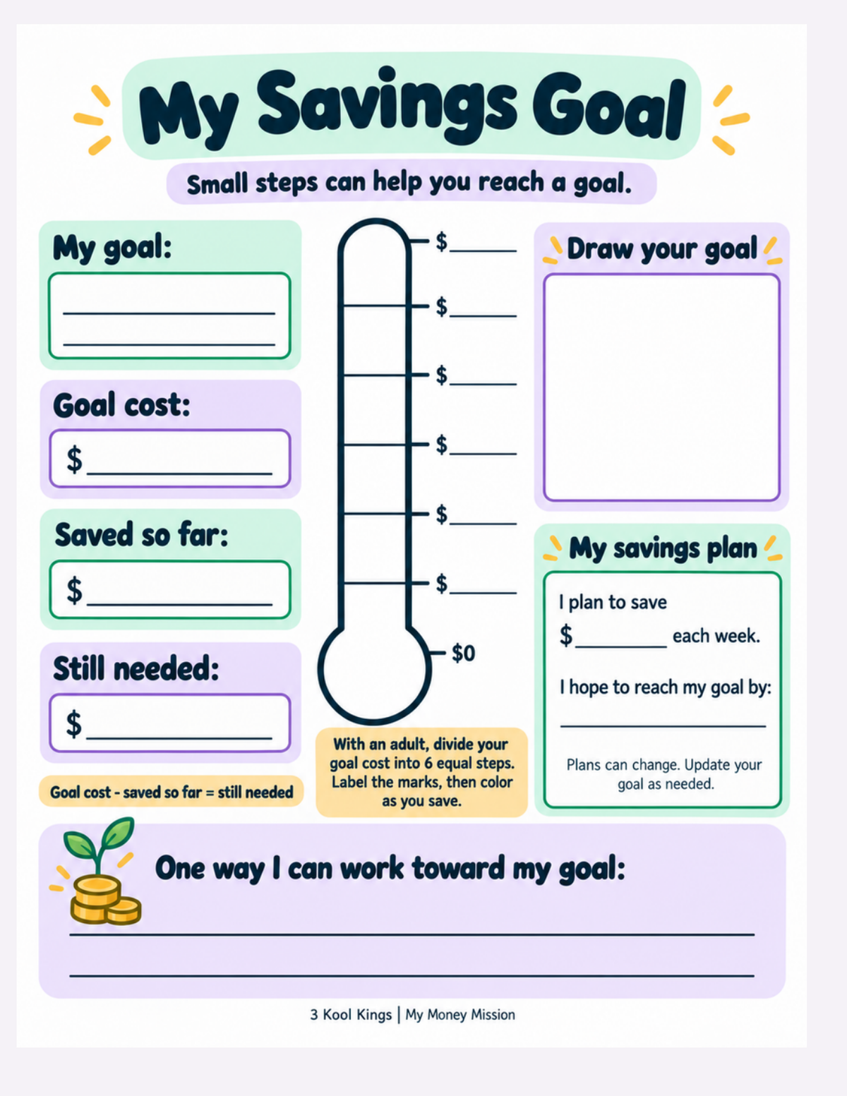 My Savings Goal worksheet with savings thermometer